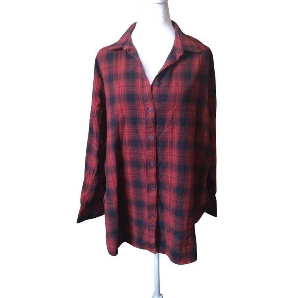 LOFT Size Large Red Plaid Button Front 100% Cotton Flannel Shirt Classic